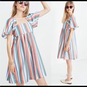 Madewell Square Neck Short Bell Sleeve Mini Cottage/Boho Dress Festival Stripe